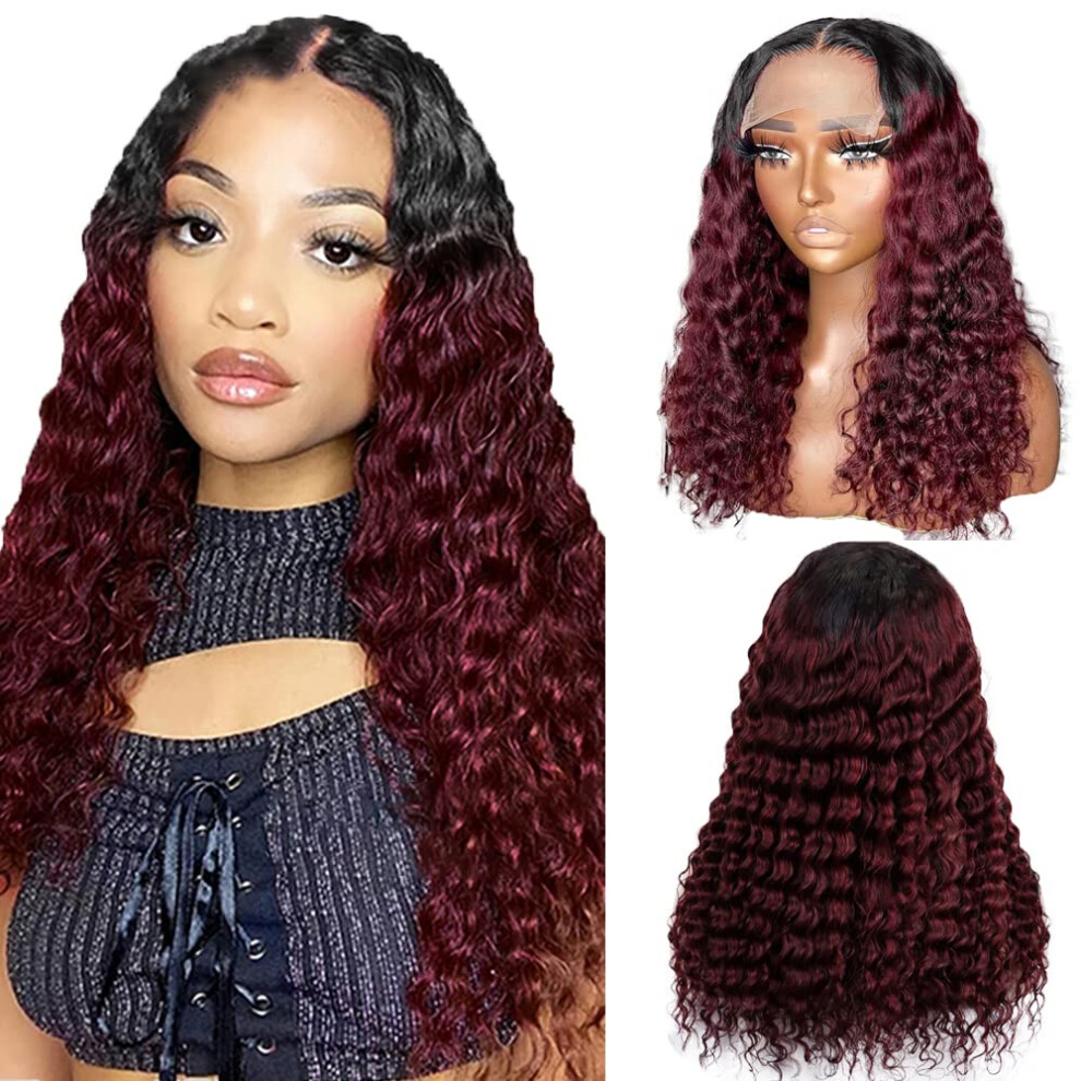 14 Inch Burgundy Ombre Human Hair Lace Front Wig, Kinky Curly, Preplucked with Baby Hair