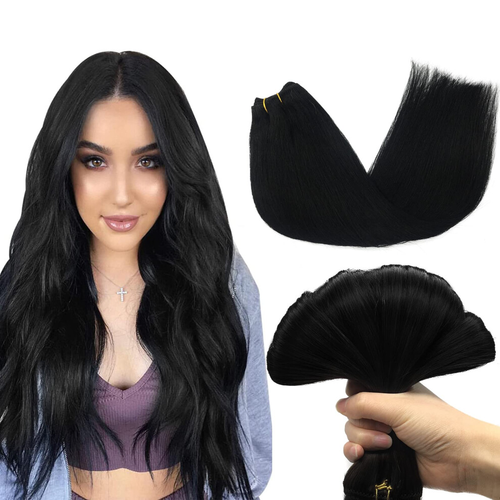 Unisex Black 14 Inch Jet Sew In Remy Human Hair Extensions, Double Weft Full Head Weave Bundles