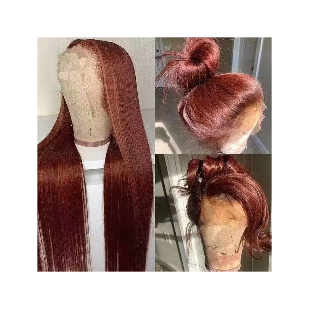 Unisex Red,Brown 13X4 Reddish Brown Human Hair Lace Front Wig 22 Inch Dark Auburn Straight Pre Plucked Glueless 150% Density