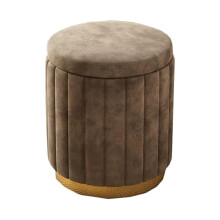 Round Ottoman with Storage, Flannel Upholstered Footstool for Living Room or Bedroom, Brown