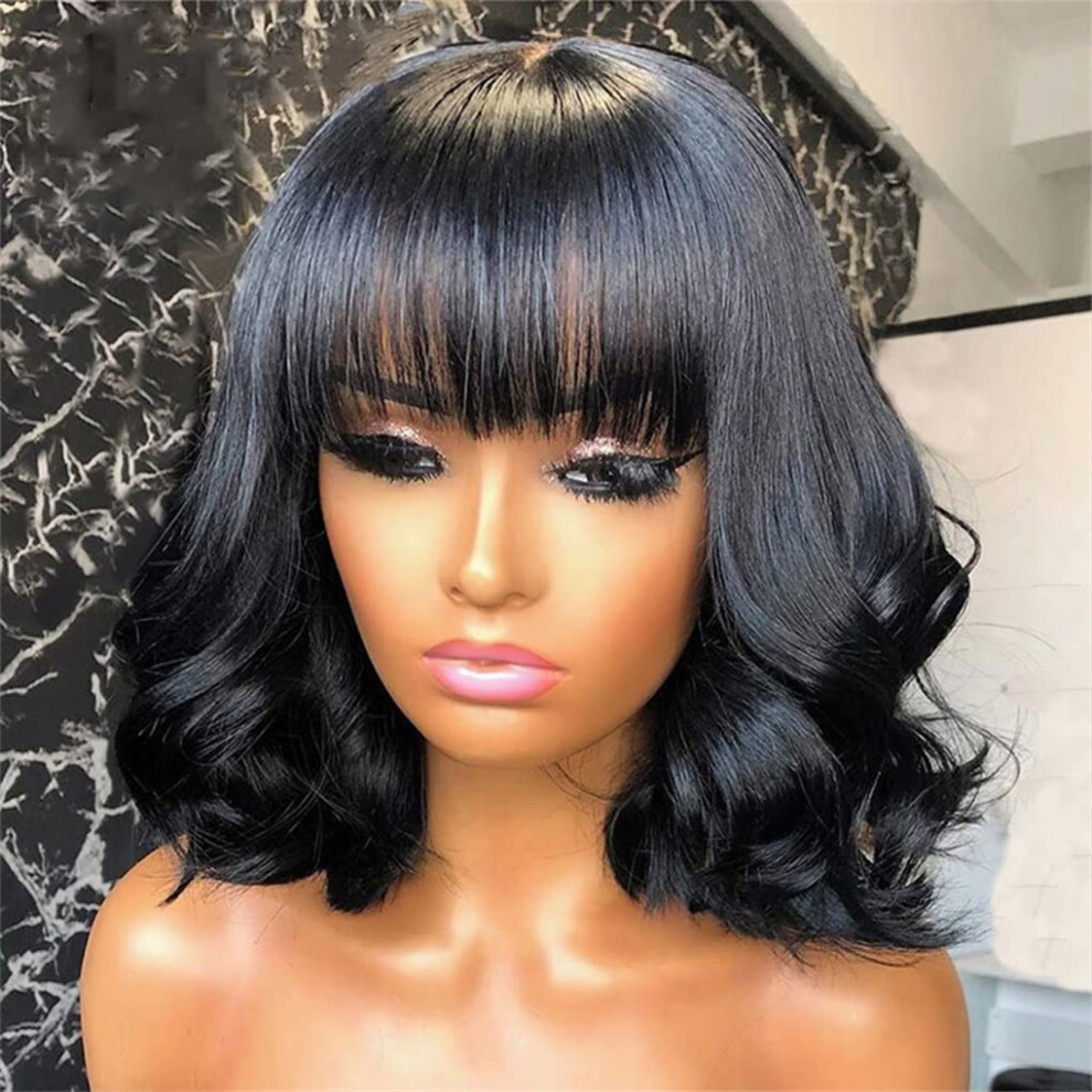 Unisex 10 Inch Wavy Human Hair Bob Wig With Bangs 250 Density Glueless Brazilian Remy For Women