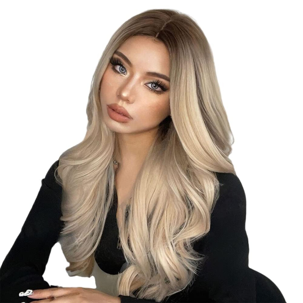 Unisex Brown Long Wavy Blonde Synthetic Wig With Bangs 23 Inch Natural Matt Finish Heatfriendly