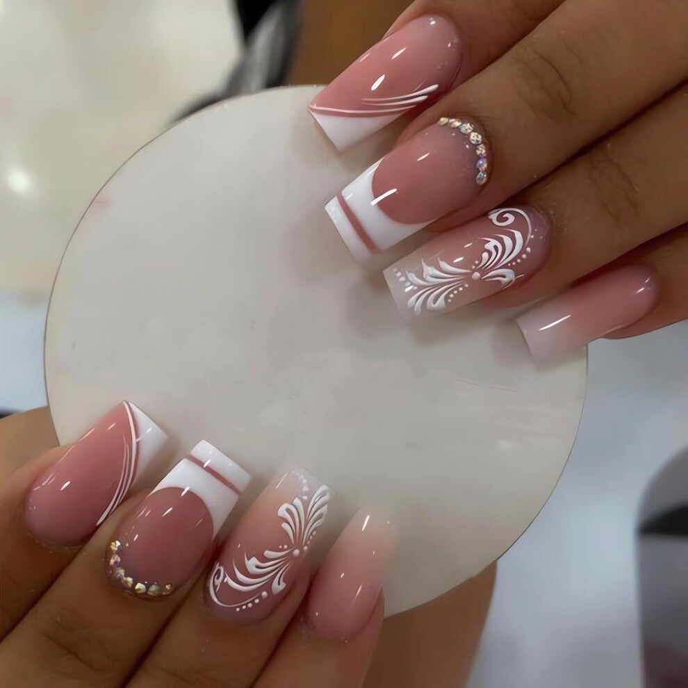 Pink Long Coffin Press On Nails With Glue Gradient French Tip Acrylic False Nails With Rhinestones