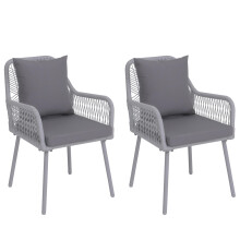 Set 2 sedie da giardino MCW-O12, da esterno alluminio intrecciato a corda Rope ~ grigio chiaro, cuscini grigio chiaro