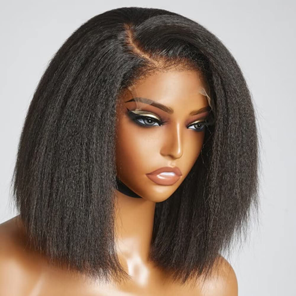 Unisex 14 Inch 360 Lace Front Human Hair Bob Wig Pre Plucked Kinky Straight Yaki Glueless 180% Density