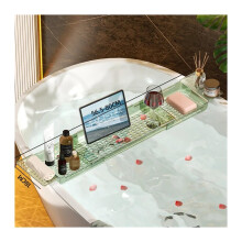 Adjustable Bathtub Tray with Wine Glass Holder, Retractable Bath Caddy Rack, Transparent Green