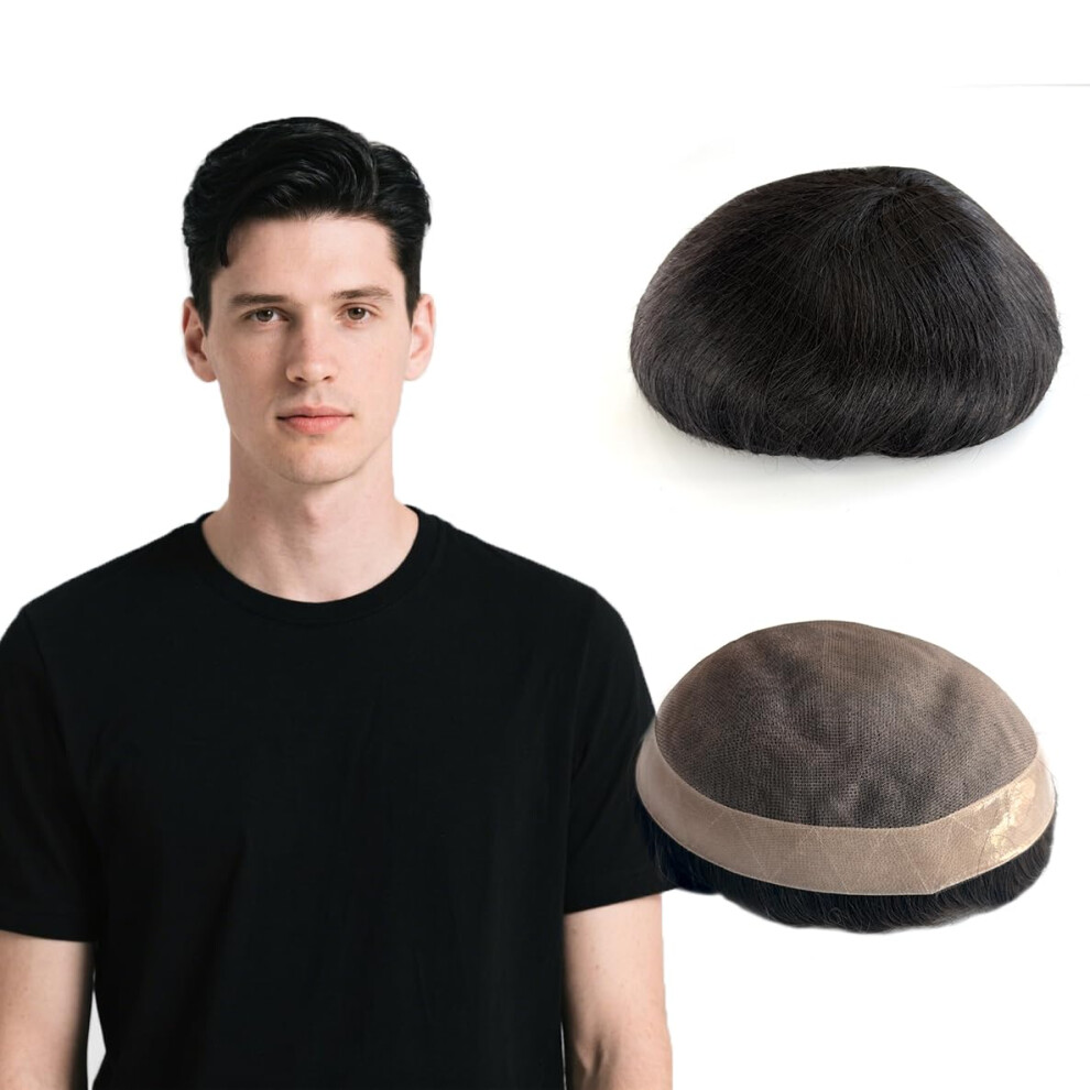 Unisex Black Mens Toupee Human Hair Hairpiece 6X8 Mono With Poly Perimeter Off Natural Look