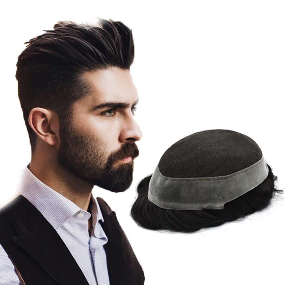 Unisex Black Men's Hair Toupee Real Human Hair Jet 8X10 French Lace With Pu Perimeter Invisible Hairline