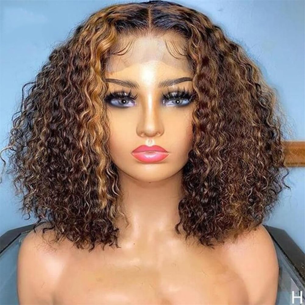 Human Hair Lace Front Wig Highlight Curly Bob 14 Inch Ombre Brown Deep Wave 180% Density