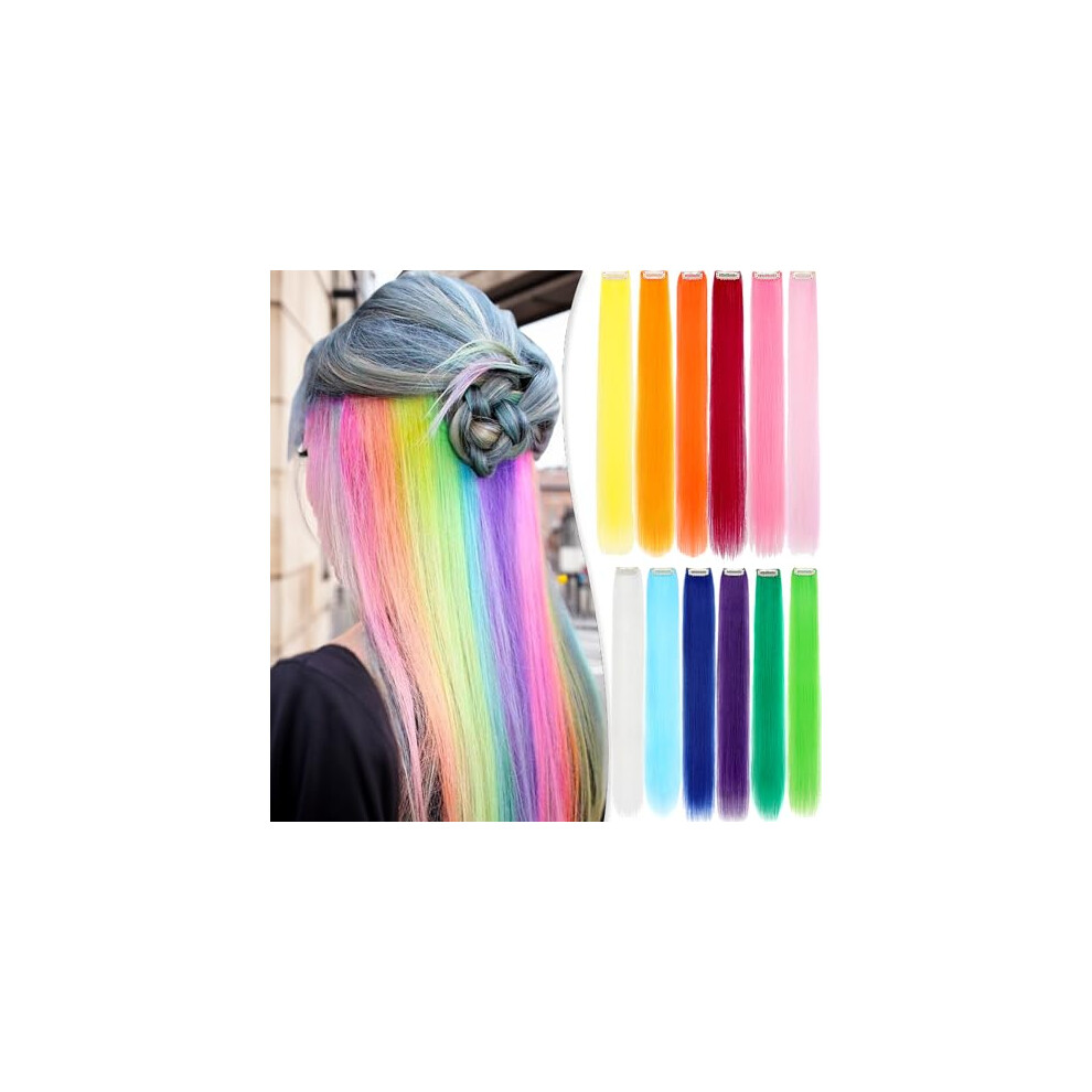24 Inch Rainbow Clip In Hair Extensions Colorful Synthetic Straight Hair for Women Girls Party