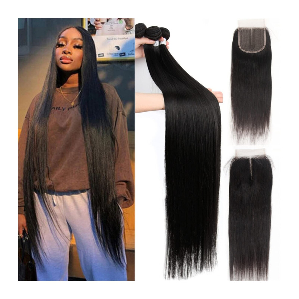 Unisex Straight Brazilian Virgin Human Hair Bundles With 5X5 Lace Closure Middle Part Extensions