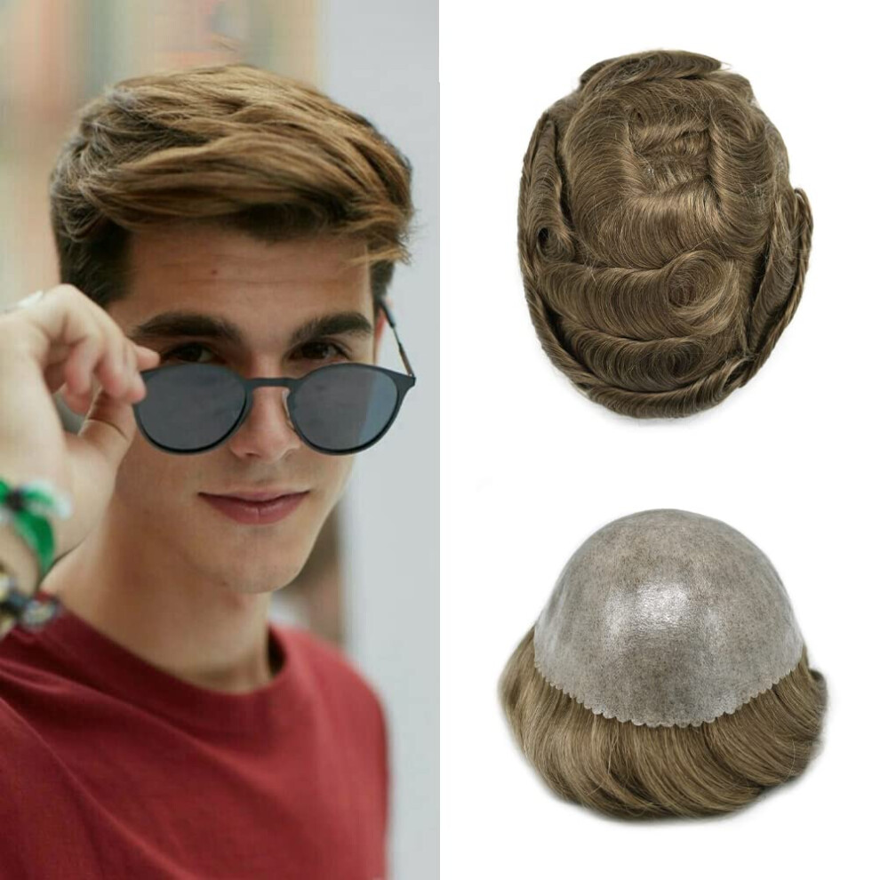 Unisex Brown,Grey Men's Hair Toupee 8X10 Poly Skin Hair System With Natural Hairline Real Human Hairpiece Light Brown 10% Grey