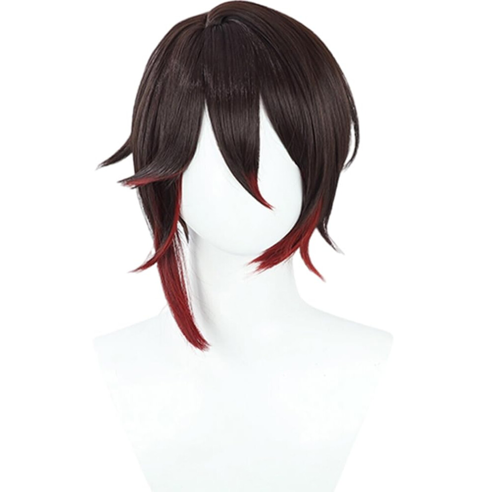 Unisex Black,Red Cosplay Wig Black To Red Gradient 15Inch Heat Resistant Synthetic Wig With Ponytail Braid