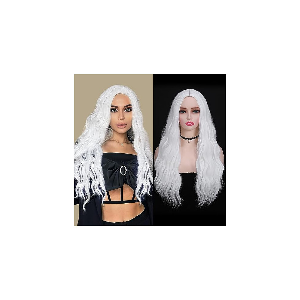 White Cosplay Wig 24 Inch Long Wavy Middle Part Heat Resistant Synthetic with Bangs