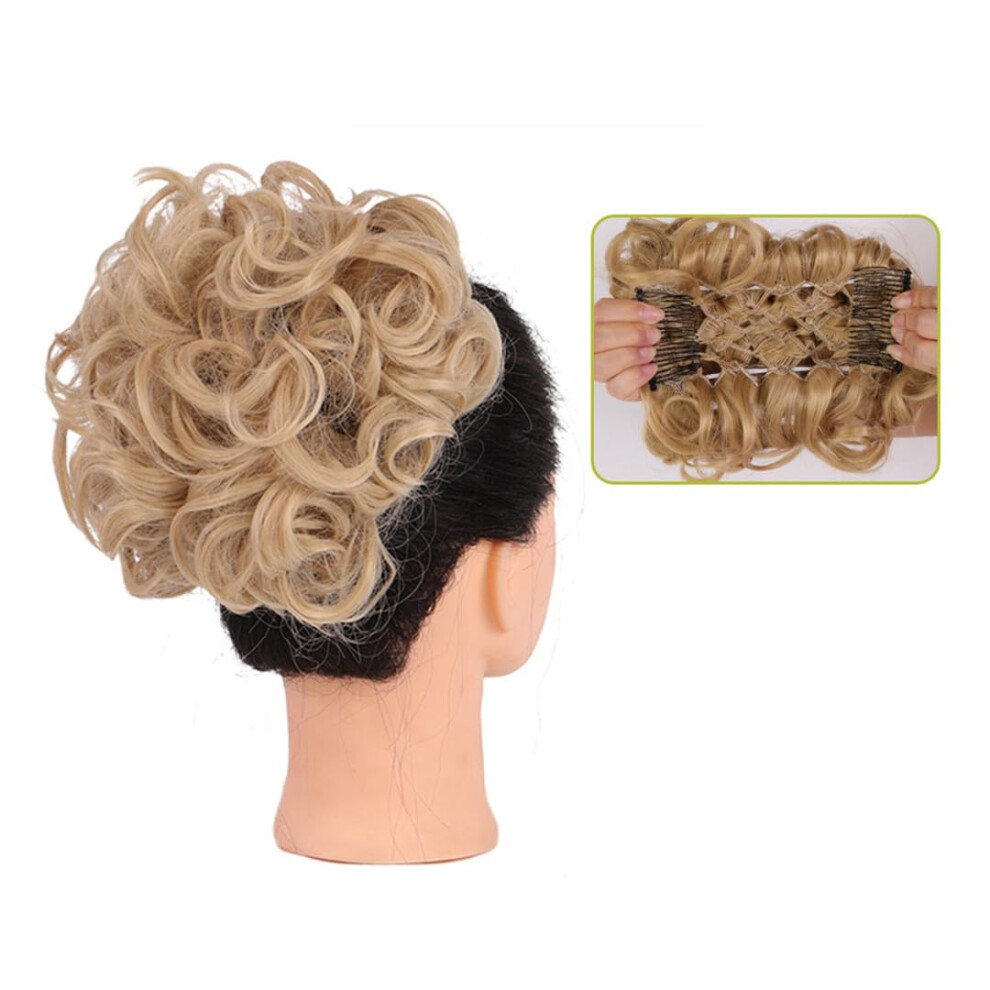 Unisex Curly Chignon Hair Bun Clip In Extension Synthetic Hairpiece For Women Updo Frosted Blonde