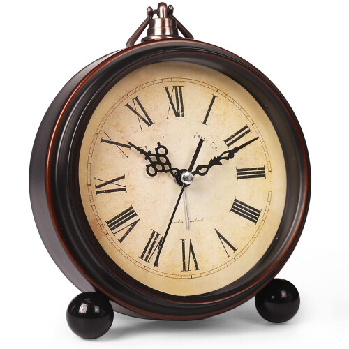 Retro Table Clock with Roman Numerals, Battery Powered Silent Bedside Design with Night Light