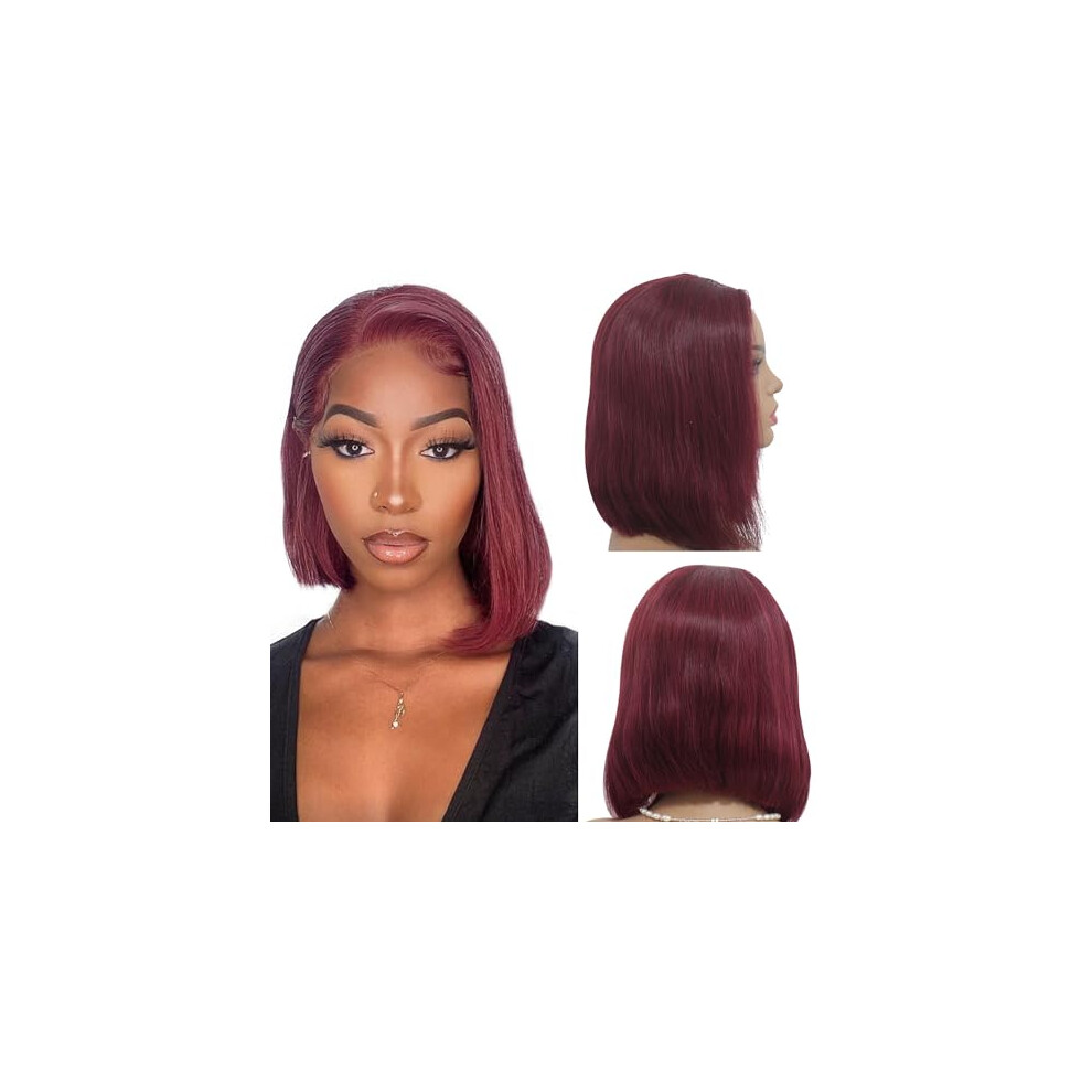 Unisex Red 13X4 Lace Front Human Hair Bob Wig 99J Burgundy Pre Plucked Glueless 180% Density Brazilian Virgin