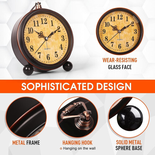 Retro Table Clock with Roman Numerals, Battery Powered Silent Bedside Design with Night Light 1