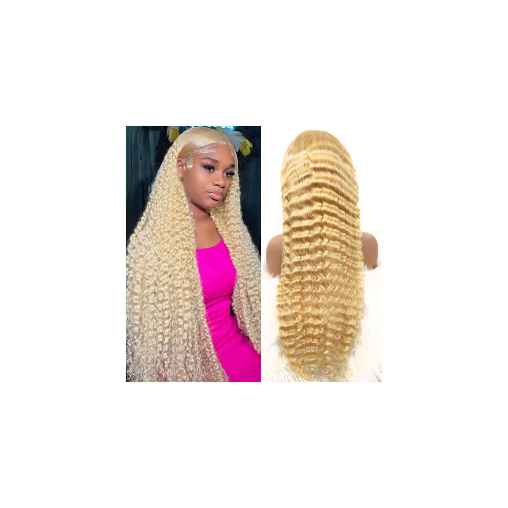 Unisex 40 Inch 613 Lace Front Wig Blonde Human Hair Hd Deep Wave Preplucked Natural Hairline
