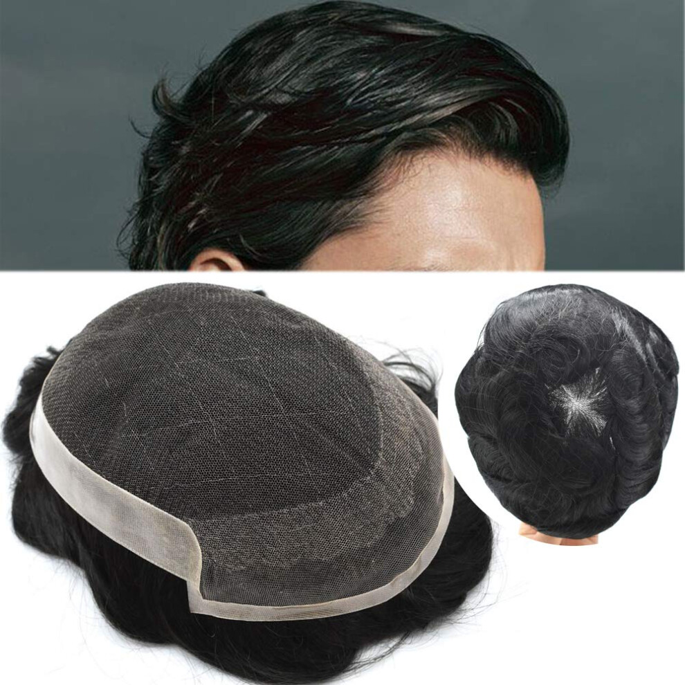 Men's Toupee Human Hair Replacement System with Invisible Hairline Swiss Lace 6x9 Inch #1B