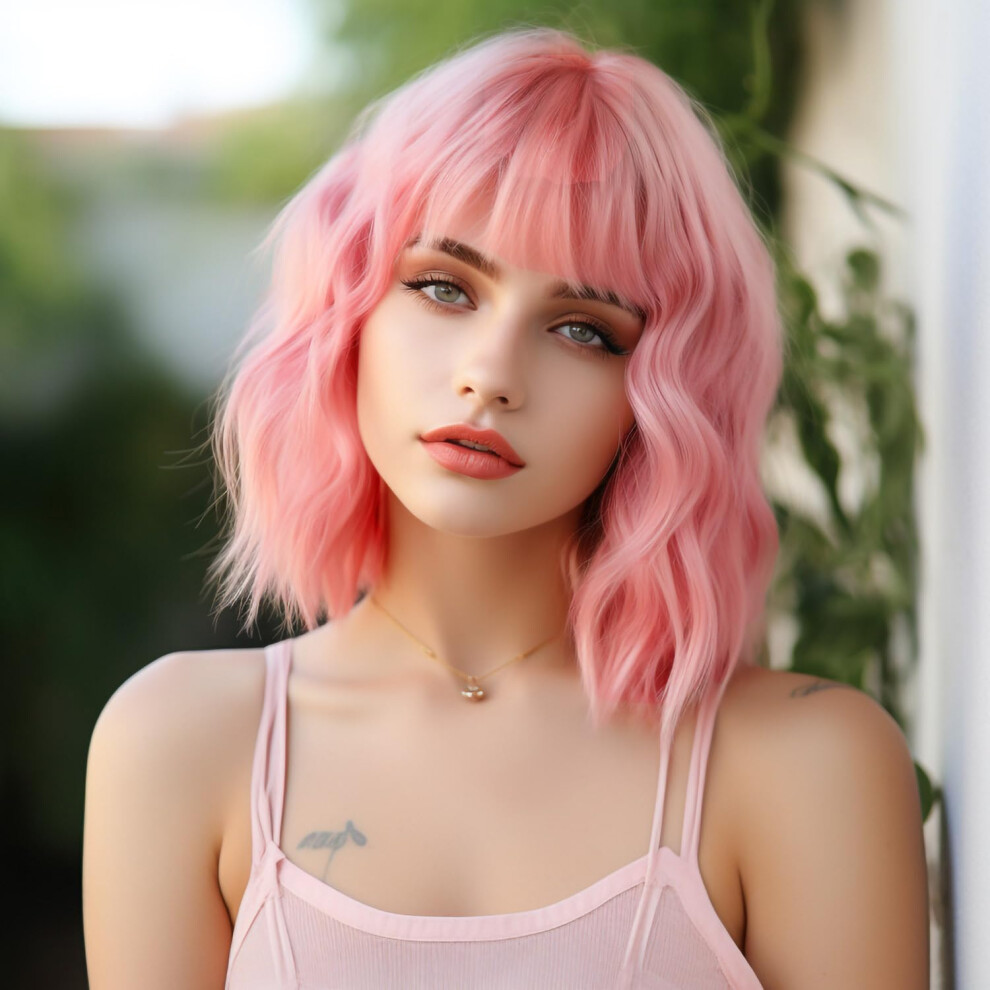Unisex Pink Bob Wig With Bangs, Pastel Synthetic Wavy Wig, Heat Resistant Fiber For Cosplay
