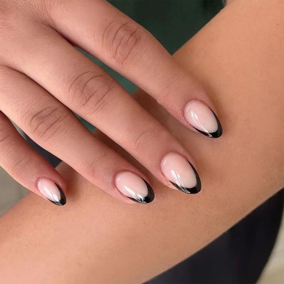 Black French Tip Short Almond Press On Nails Nude Reusable Fake Nail Set with Adhesive 24pcs