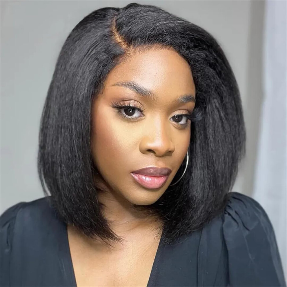 Unisex 14 Inch Glueless Human Hair Lace Front Bob Wig Transparent Straight Preplucked Natural Hairline