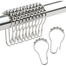 Metal Shower Curtain Rings Set of 12 with 5 Rolling Ball Hooks for Bathroom Rod (Silver)