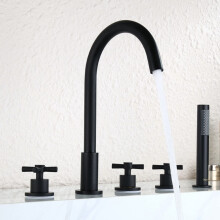 Black Brass 5 Hole Bathtub Faucet with Handheld Shower, Swivel Gooseneck, 360 Rotating Spout