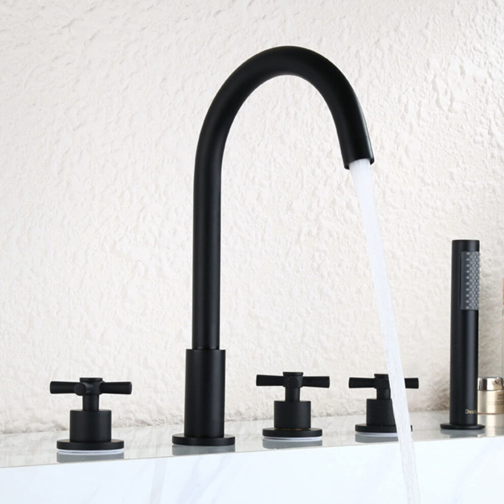 Black Brass 5 Hole Bathtub Faucet With Handheld Shower, Swivel Gooseneck, 360 Rotating Spout 9365369358263