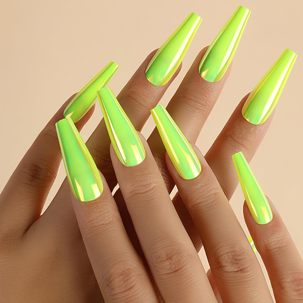 Yellow Holographic Press On Nails Long Ballerina Chrome Fake Nails Reusable Coffin Set 24Pcs