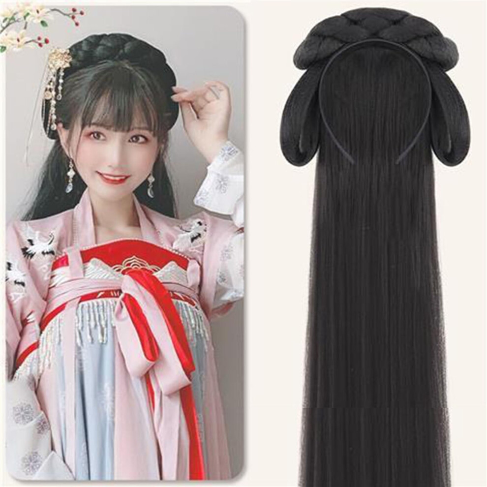 Unisex Black Chinese Traditional Wig Authentic Hanfu Cosplay Hairpiece Natural Bun Synthetic Fiber