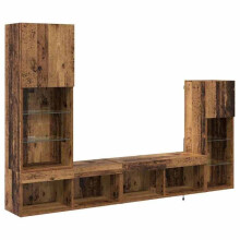 Meuble TV mural - HELLOSHOP26 - Unité murale TV 4 pièces - Bois ancien - Éclairage LED - Finition mate