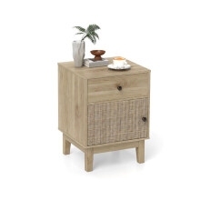 Mesa de cabeceira - HELLOSHOP26 - 40 x 39 x 55 cm - Rattan natural - 1 gaveta &amp; armário - Pés de madeira