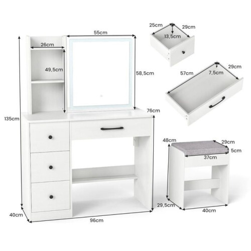 Friseuse - HELLOSHOP26 - 96x40x135 cm - Beleuchteter Schiebespiegel - Hocker inklusive - Optimierter Stauraum