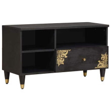 Meuble TV - HELLOSHOP26 - 80 x 33 x 46 cm - Bois manguier massif - Tiroir & étagère - Boutons laiton