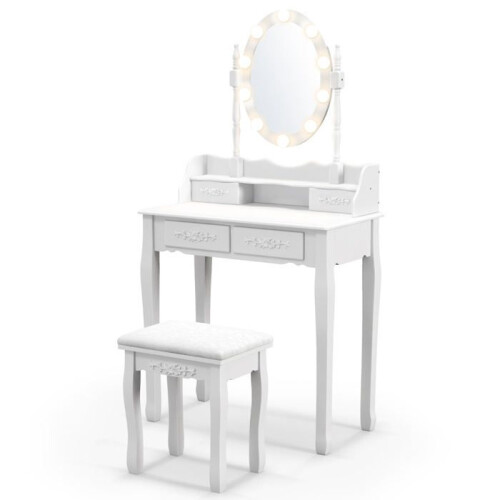 Coiffeuse - HELLOSHOP26 - 7540145 cm - miroir ovale LED réglable - 4 tiroirs - tabouret capitonné