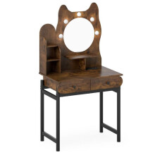 Peluquera - HELLOSHOP26 - Peluquera en forma de gato - Espejo LED 3 modos - 2 cajones + 3 estantes - Patas de metal