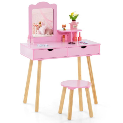 Coiffeuse - HELLOSHOP26 - 2 en 1 - Rose - Rangement spacieux - Miroir + tabouret