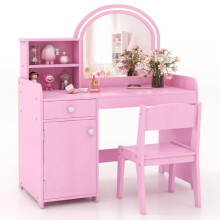 Peluquería para niños - HELLOSHOP26 - 80x41x94 cm - Espejo iluminado 120 LED - MDF - Rosa con silla