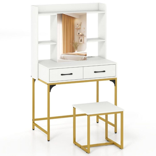 Coiffeuse - HELLOSHOP26 - Ensemble de coiffeuse et tabouret - Blanc - Station de charge intégrée - Miroir ouvrable