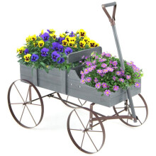 Jardinière chariot - HELLOSHOP26 - 62x34x60 cm - 2 compartiments - 4 roues métal - Bois sapin rustique
