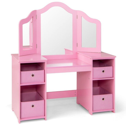 Coiffeuse - HELLOSHOP26 - 2 en 1 - Rose - Miroir 3 pans - Rangements pour enfant