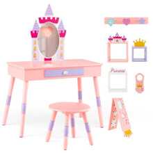 Peluquería infantil - HELLOSHOP26 - Tema castillo - 2 en 1 espejo desmontable - MDF rosa - Con taburete y almacenamiento
