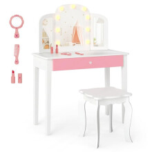 Peluquería infantil - HELLOSHOP26 - 2-en-1 - Espejo tri-plegable LED 3 colores - Escritorio convertible - Taburete