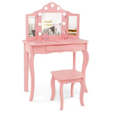 Peluquería infantil - HELLOSHOP26 - 70x34x103 cm - Espejo plegable de 3 paneles LED táctil - Rosa - Taburete incluido