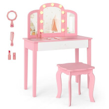 Peluquería infantil - HELLOSHOP26 - 2-en-1 - Espejo desmontable - Iluminación LED 3 colores - MDF, patas de pino