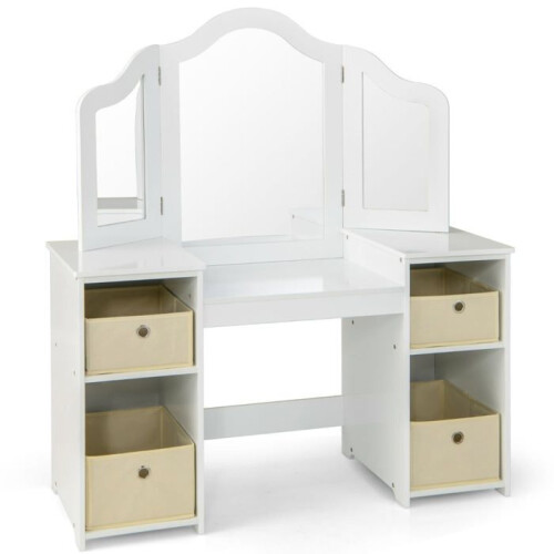 Coiffeuse enfant - HELLOSHOP26 - design 2 en 1 - miroir 3 pans - rangements - MDF blanc
