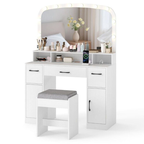 Coiffeuse avec miroir et éclairage 108 x 40 x 149 cm station de charge ergonomique