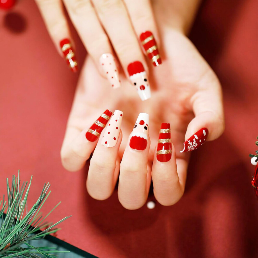 Christmas Press On Nails Short Square Elk and Snowflake Design 24pcs Holiday Fake Nails with Glue